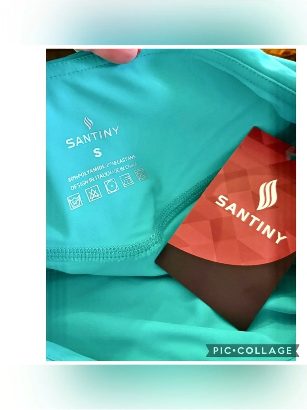NWT Santiny High Waisted Swim Shorts Aqua Teal Pockets UPF 50+ Size S